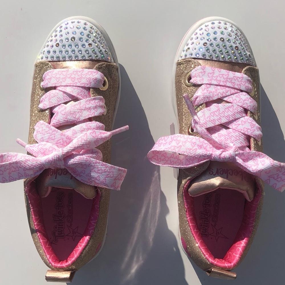 Sketchers Twinkle Toes Light Up Lace Up Sneakers Girls Sz 3 Gold Sparkle…